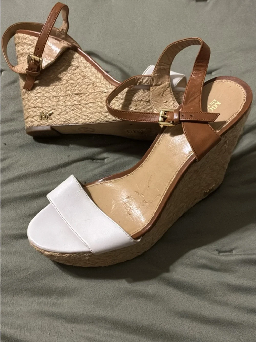 Michael Kors White & Brown Wedge Espadrille Sandals